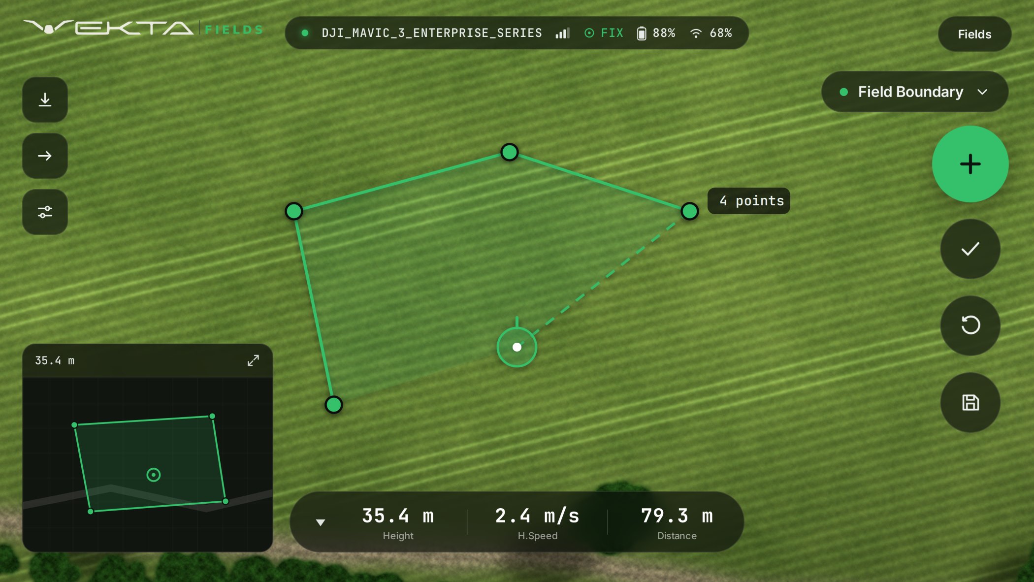 Vekta Fields marking a field boundary point over the live drone camera feed