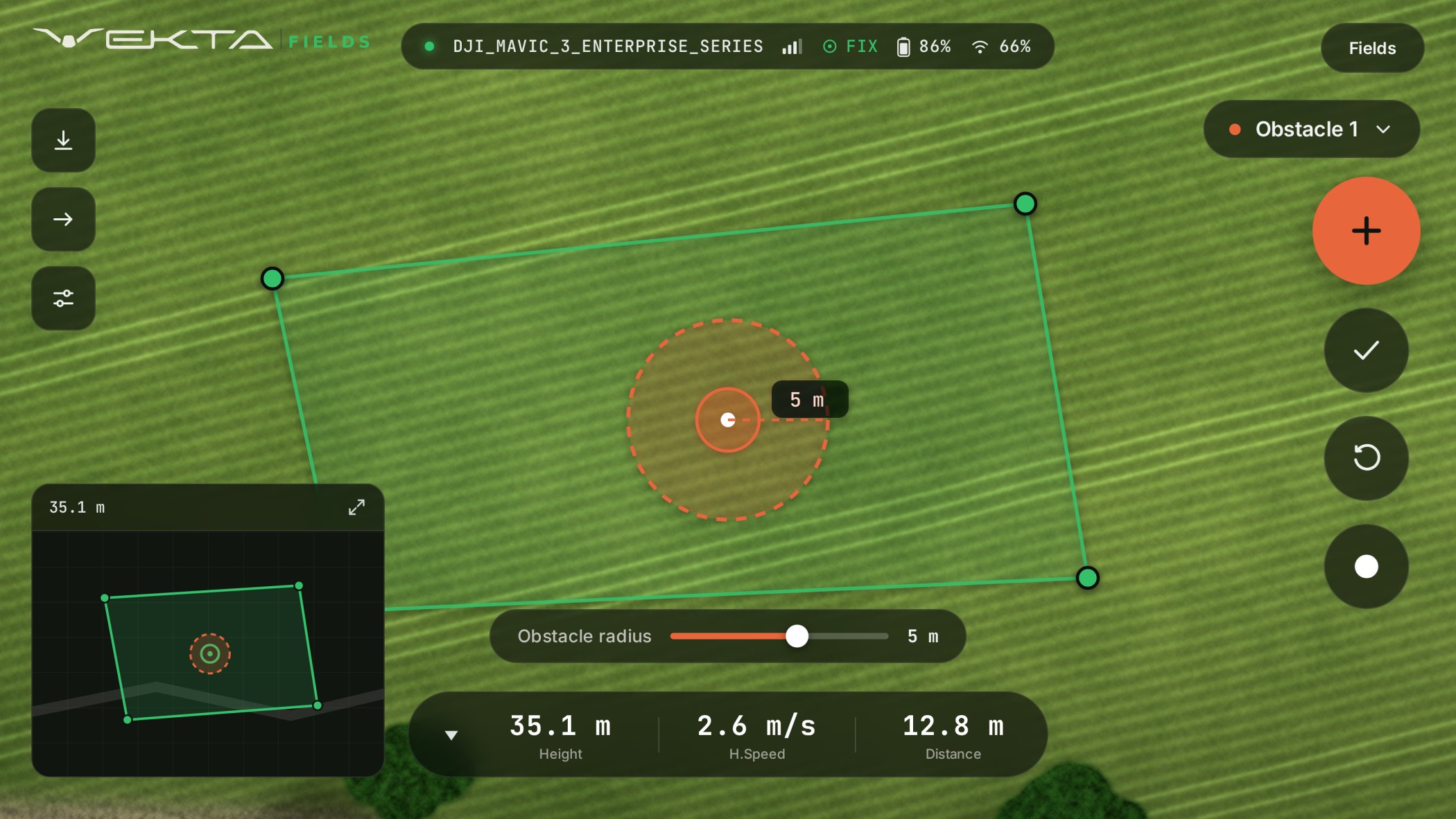 Vekta Fields marking an obstacle with an adjustable clearance radius