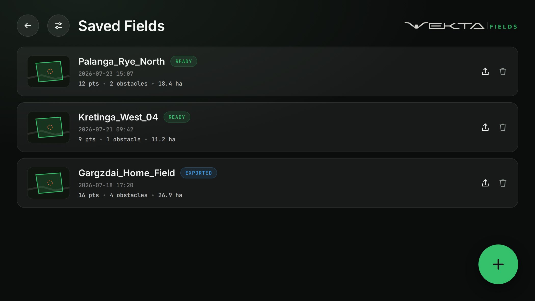 Saved fields list in Vekta Fields showing boundary points, obstacles and area